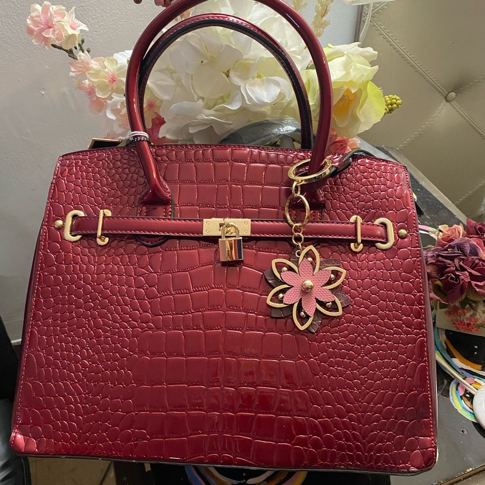 Luxurious Red and Gold Satchel with Crocodile Texture